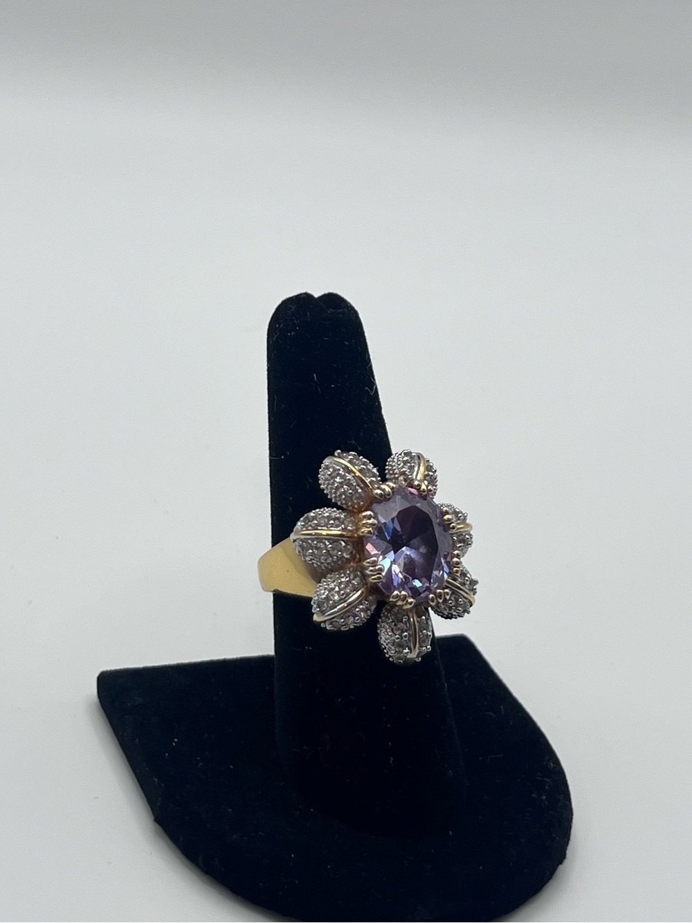 Purple Floral Halo Cocktail Ring - Gold Tone